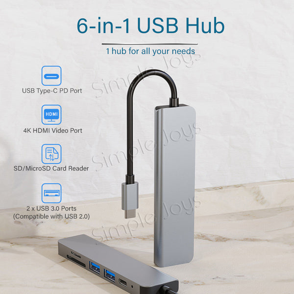 USB Type C Hub, 6-In-1 Adapter With SD/MicroSD Reader 4K HDMI USB 3.0 Port