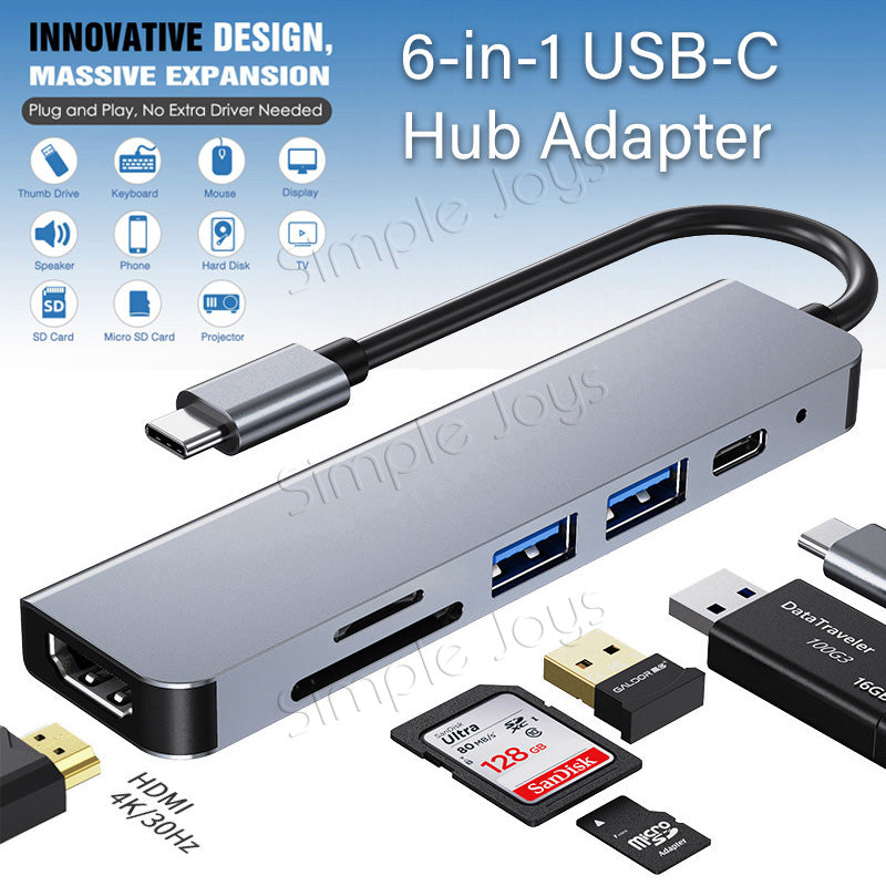 USB Type C Hub, 6-In-1 Adapter With SD/MicroSD Reader 4K HDMI USB 3.0 Port