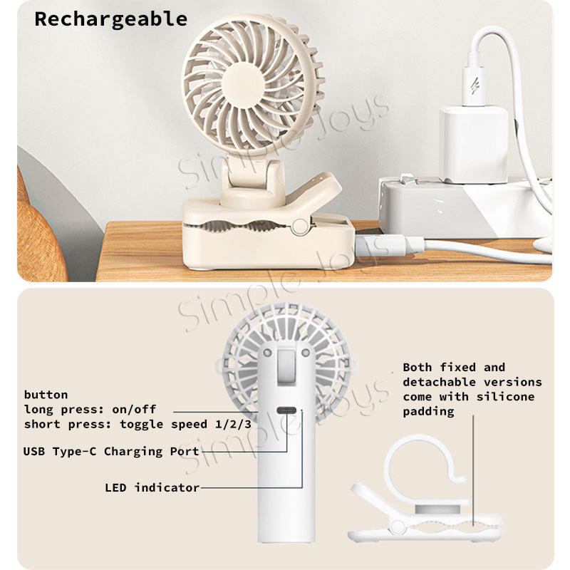 Portable Clip Fan 360° Adjustable USB Type-C Rechargeable Umbrella/Backpack Fan