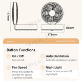 Hanging Wall Fan USB Rechargeable With Auto Oscillation / Remote Control / Night Light For Desk