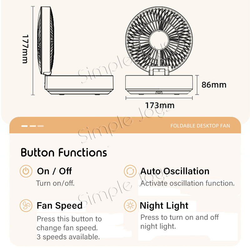 Hanging Wall Fan USB Rechargeable With Auto Oscillation / Remote Control / Night Light For Desk