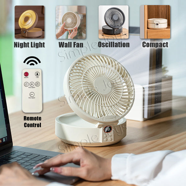 Hanging Wall Fan USB Rechargeable With Auto Oscillation / Remote Control / Night Light For Desk