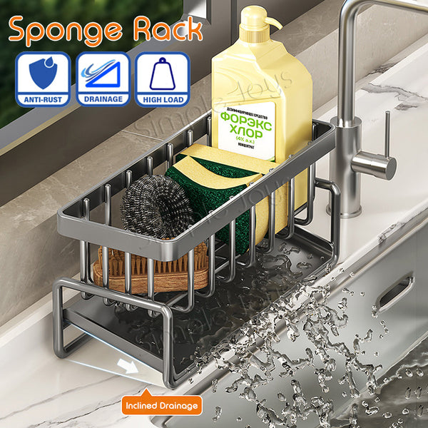 Sponge Holder For Kitchen Sink With Towel Hanger Bar Detergent Rack
