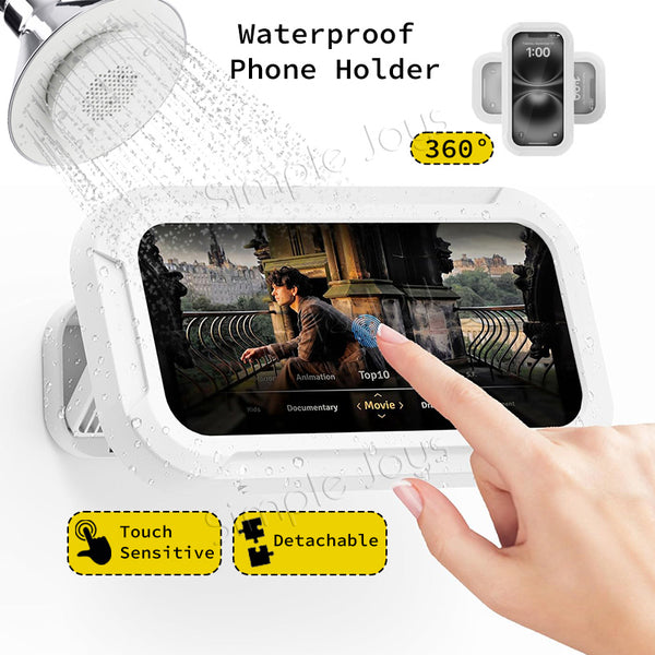 Waterproof Shower Phone Holder Box with 360° Rotation, Anti-Fog Touch Screen No-Drill Adhesive Mount