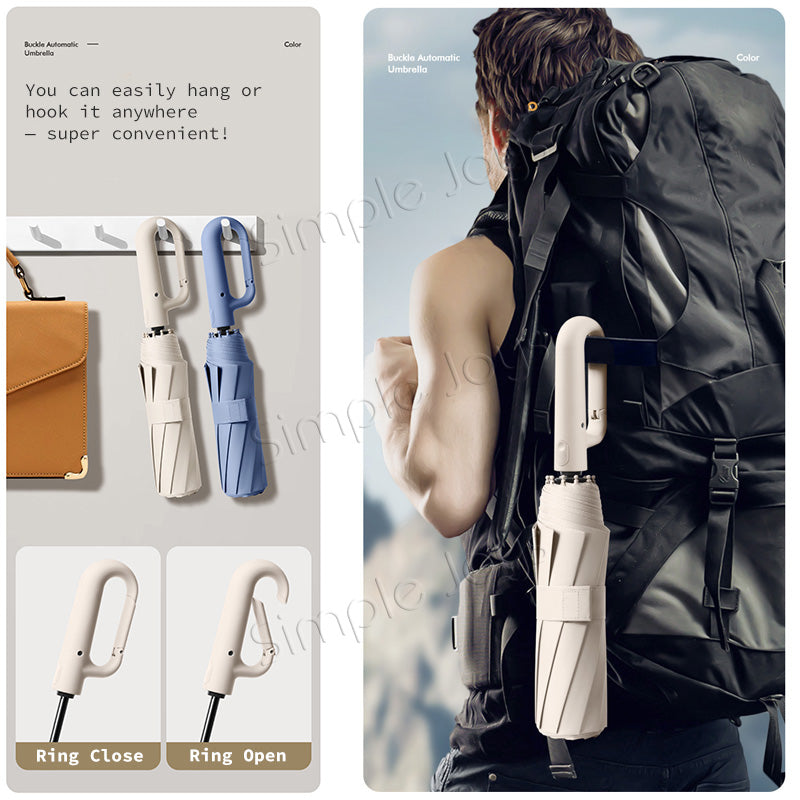 Automatic Big Umbrella With Fun Ring Hook Handle Windproof UV Block Clip & Go Travel Umbrella