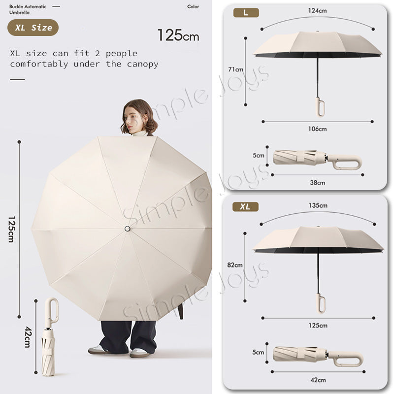 Automatic Big Umbrella With Fun Ring Hook Handle Windproof UV Block Clip & Go Travel Umbrella
