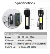 LED COB Torchlight Torch Light Portable Rechargeable Flashlight