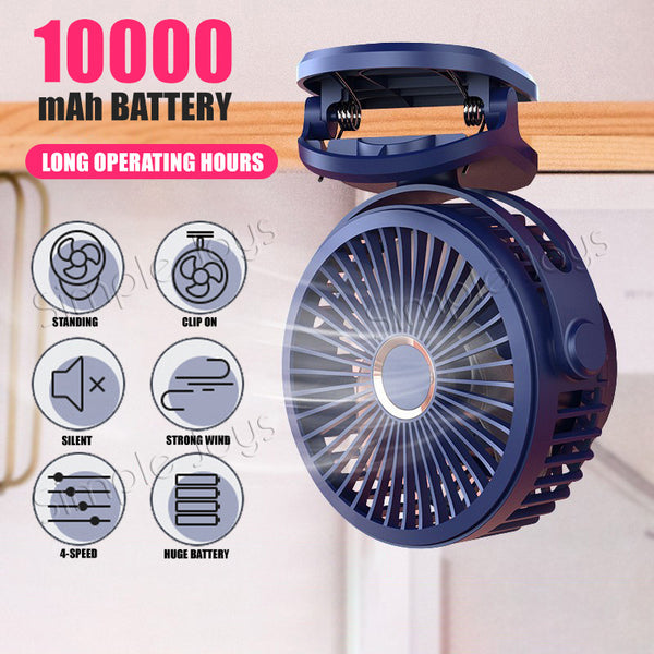 Portable 10000mAh Clip-on Fan For Desk Or Stroller USB Rechargeable Battery Operated With Hook
