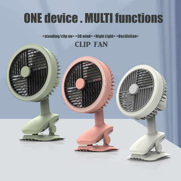 Clip On Fan Auto Oscillating USB Rechargeable With LED Night Light For Stroller Desk Kitchen