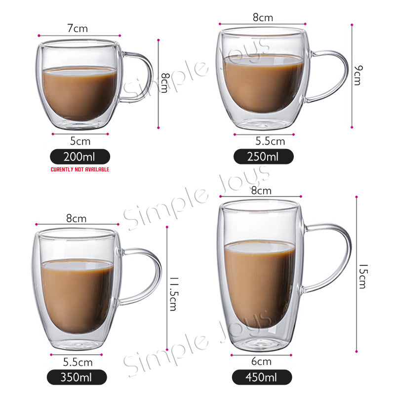 (Bundle of 3) Double Wall Drinking Glass Mug Insulated Coffee Cup With Handle