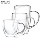 (Bundle of 3) Double Wall Drinking Glass Mug Insulated Coffee Cup With Handle