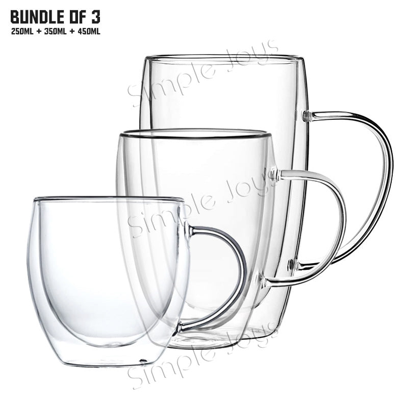 (Bundle of 3) Double Wall Drinking Glass Mug Insulated Coffee Cup With Handle