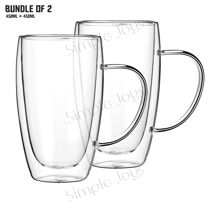 (Bundle of 3) Double Wall Drinking Glass Mug Insulated Coffee Cup With Handle