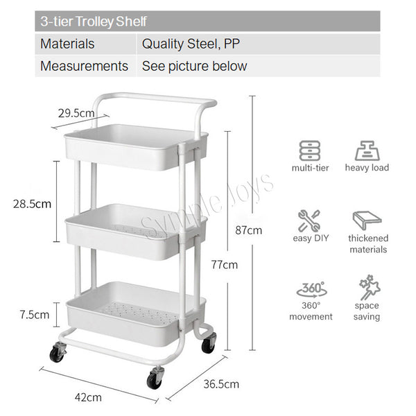 Three-Tiers Storage Trolley Shelf Kitchen Rack Cart 360 Degrees Flexible Wheels with Handle