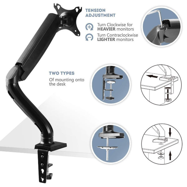 Single LCD Monitor Mount Stand - Articulating Gas Spring Monitor Arm - Adjustable Desk Mount 360 Rotation