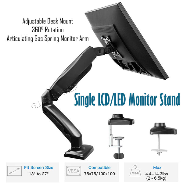 Single LCD Monitor Mount Stand - Articulating Gas Spring Monitor Arm - Adjustable Desk Mount 360 Rotation