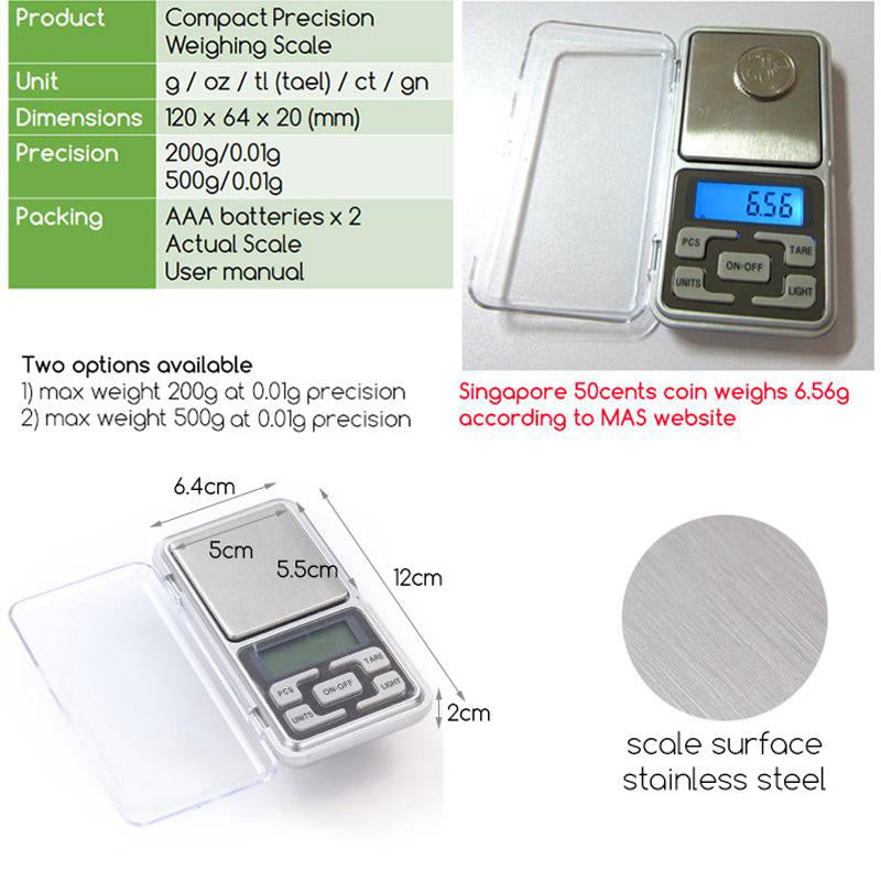 Digital Pocket Weighing Scale Mini for Jewelry Kitchen Baking Weight Up to 0.01g Stainless Steel Backlit Display