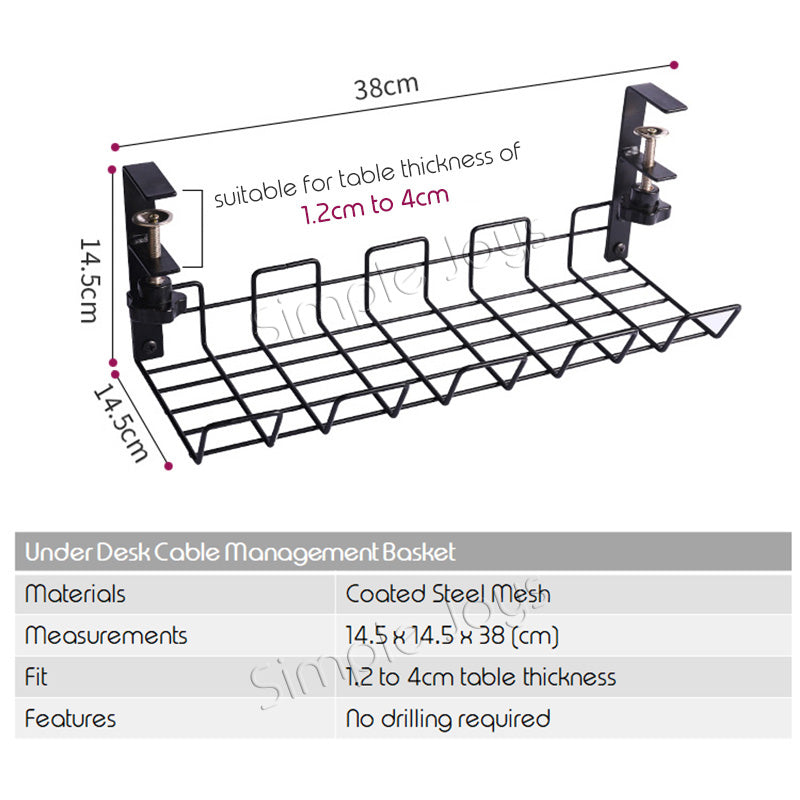 Under Desk Cable Management Organizer Basket Tray Box No Drill Required Comes With Clamp