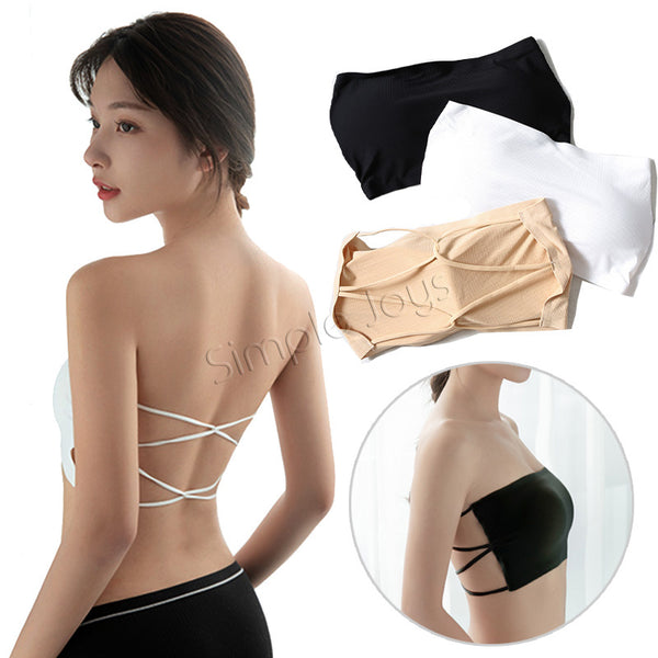 Ice Silk Tube Top With Criss Cross Cage Back Strapless Bra Bandeau Seamless Design