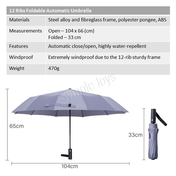 12 Ribs Automatic Umbrella Super Windproof Large Umbrella Auto Open Close Excellent Water Repellency